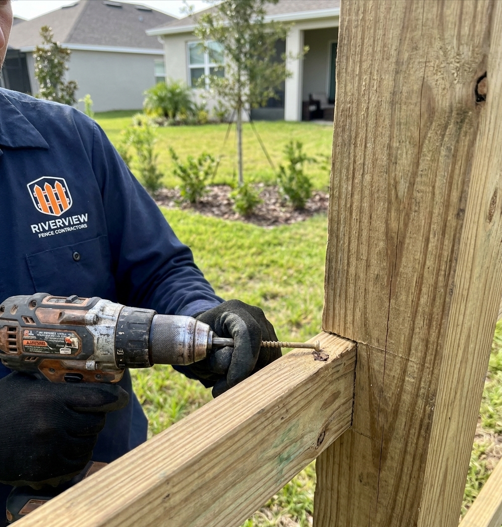 Close-up of a pressure-treated wood fence post and rail connection