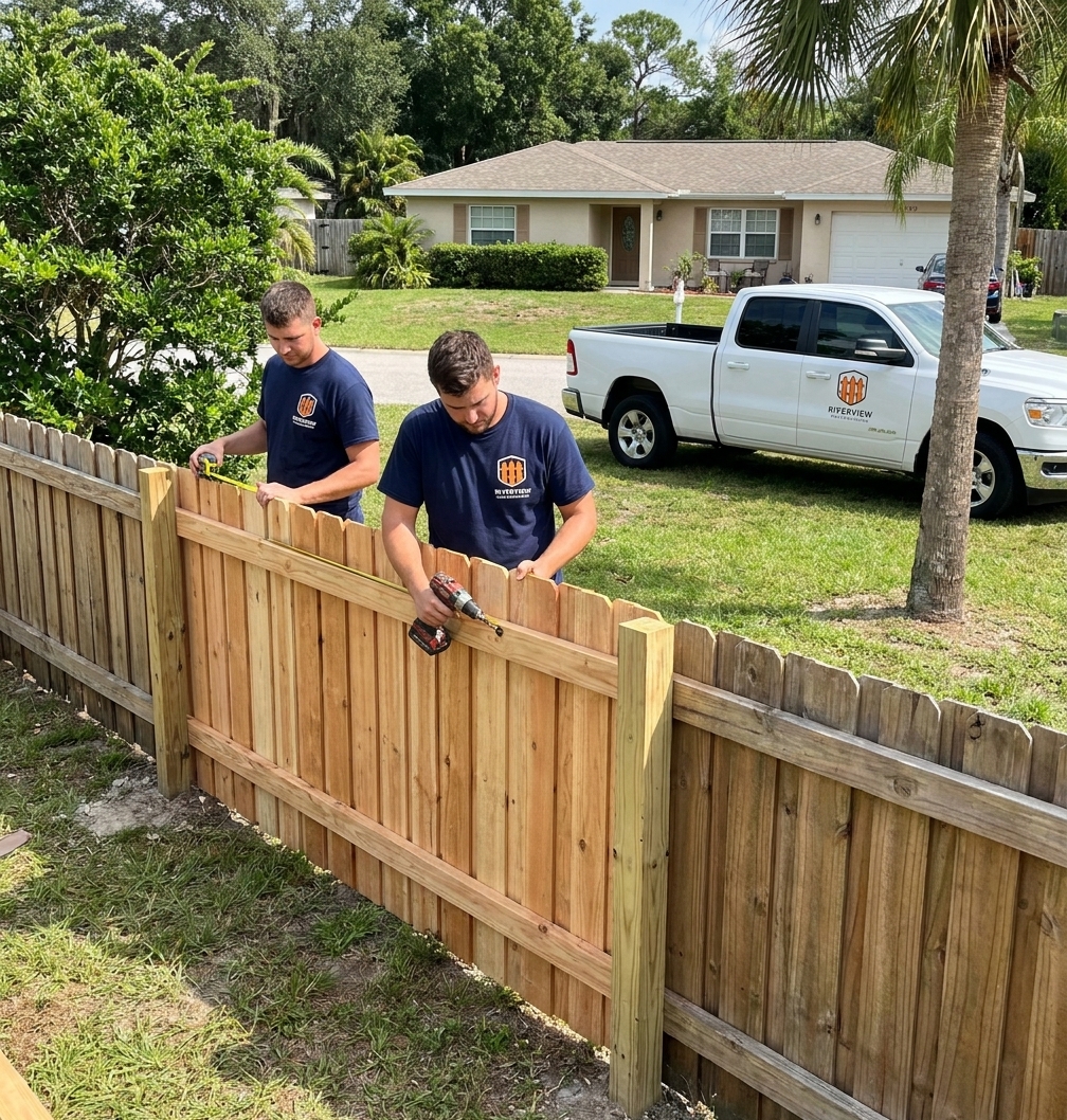 Freshly repaired wood fence with new boards and posts in Riverview, FL