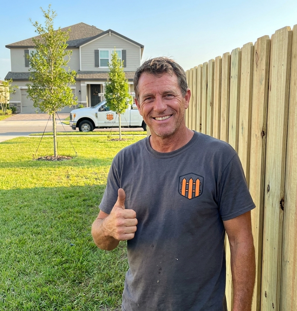 Riverview Fence Contractors installer giving a thumbs up on a finished fence