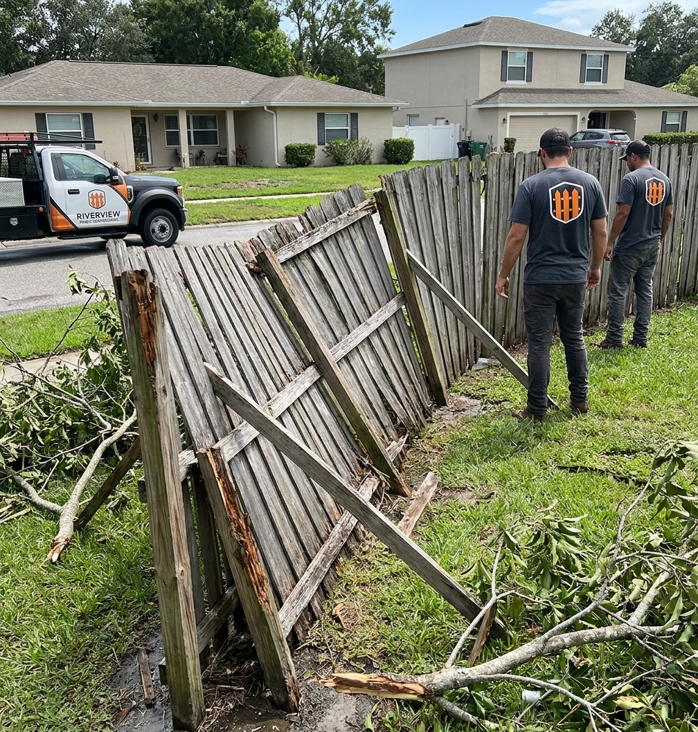 Old leaning wood fence with rotted posts before repair in Riverview, FL