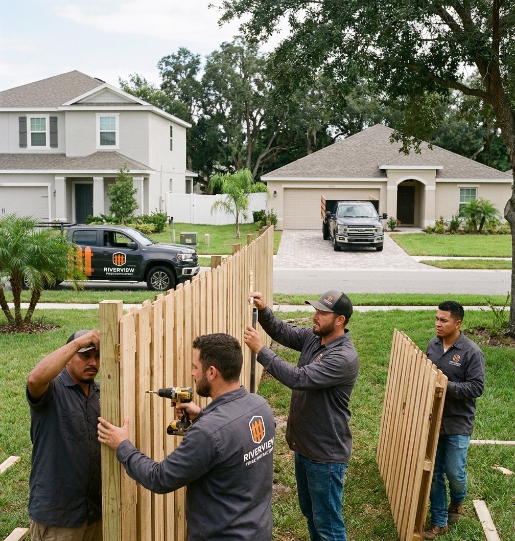 Riverview Fence Contractors crew installing a wood privacy fence